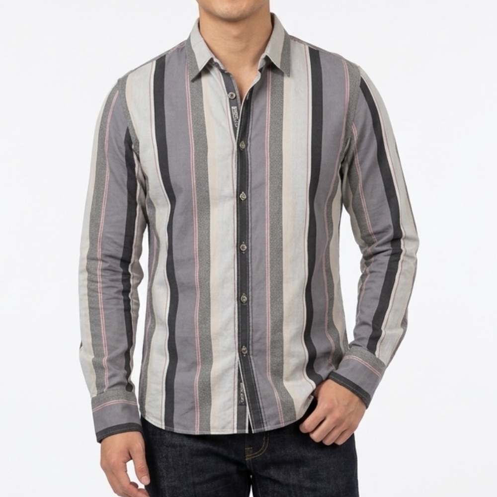 Kenzo size 42 slim fit designer dress shirt grey stripes